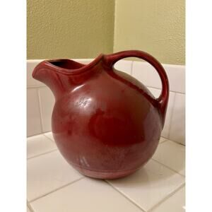 Hall Pottery Mid Century Burgundy Red Ball Pitcher Jug Ice Guard Spout